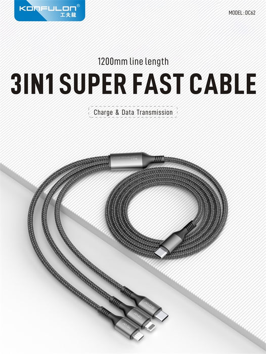 Braided 3 in 1 Charging Cable - 1.2 metre